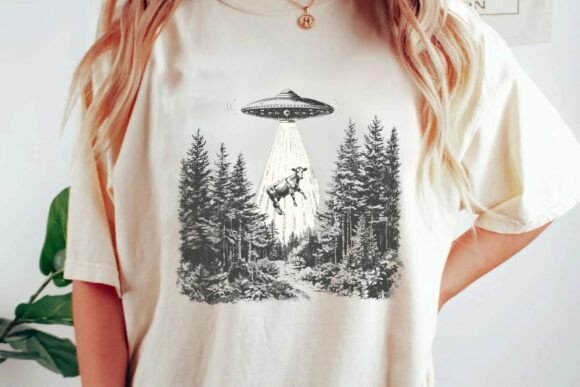Retro UFO Graphic: Abducted Cow in Forest PNG
